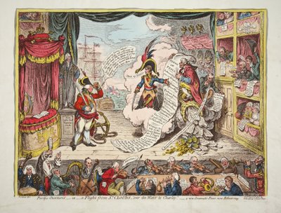 Pacific-Overtures, - eller- en flytur fra St Clouds- over vannet til Charlet. - en ny Dramatic Peace now Rehearsing, pub. 1806 (håndfarget gravering) av James Gillray
