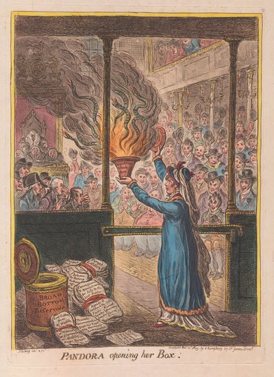 Pandora åpner boksen sin, pub. 1809 (håndfarget gravering) av James Gillray