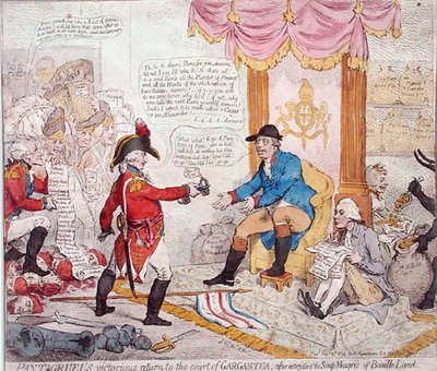 Pantagruels seirende retur til hoffet i Gargantua etter å ha utryddet Soup-Meagres of Bouaille Land, utgitt av Hannah Humphrey i 1794 (håndfarget etsning) av James Gillray