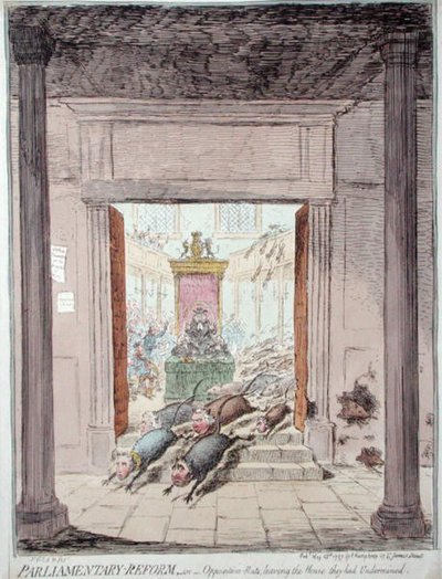 Parlamentarisk reform, eller opposisjonsrotter som forlater huset de hadde undergravd, utgitt av Hannah Humphrey i 1797 (håndfarget etsning) av James Gillray