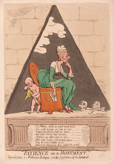 Tålmodighet på et monument, pub. 1791 (håndfarget gravering) av James Gillray