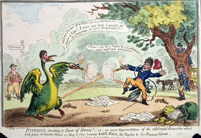 Patrioter bestemmer seg for et ærespunkt! eller En eksakt representasjon av Rencontre som fant sted i Coombe Wood 2. mai 1807 mellom Little Paul the Taylor og Sir Francis Goose, utgitt av Hannah av James Gillray