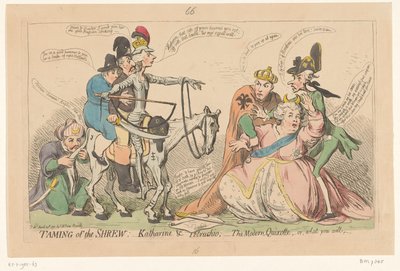 Pitt som Don Quixote skremmer Katarina den store, 1791 Taming of the shrew:- Katharine & Petruchio: - den moderne Quixotte, eller hva du vil (tittel på objekt) av James Gillray