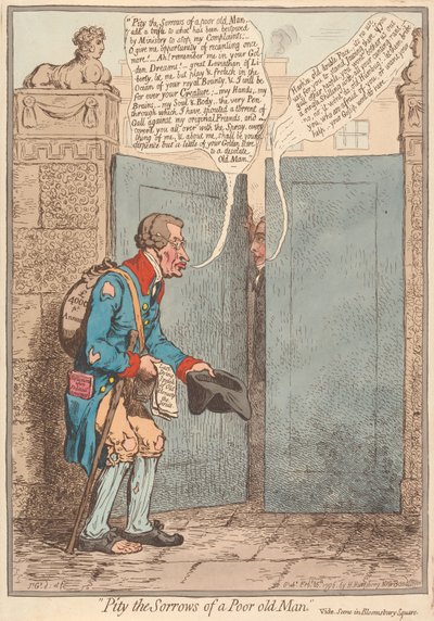 Ha medlidenhet med en fattig gammel manns sorger, se Scene på Bloomsbury Square av James Gillray