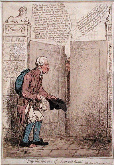 Pity the Sorrows of a Poor Old Man, utgitt av Hannah Humphrey i 1796 (håndfarget etsning) av James Gillray