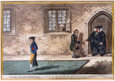 Plate 2 fra 'The Rake's Progress at University', utgitt av Hannah Humphrey i 1806 (håndfarget etsning) av James Gillray