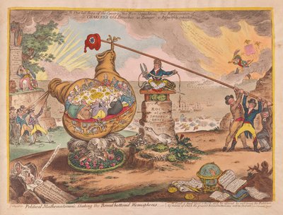 Politiske matematikere Shaking the Board-bunnet Hemispheres, pub. 1807 (håndfarget gravering) av James Gillray