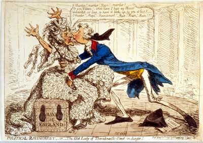 quot;Politisk herjing - eller den gamle damen i Threadneedle Street i fare!quot; av James Gillray