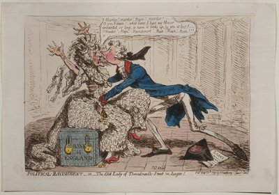 Political Ravishment, eller The Old Lady of Threadneedle Street i fare!, utgitt av Hannah Humphrey, 1797 (håndfarget etsning) av James Gillray