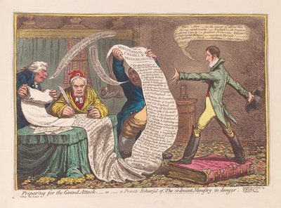 Forbereder for det store angrepet, eller en privat øving av The ci-devant Ministry in Danger, pub. 1801 (håndfarget gravering) av James Gillray