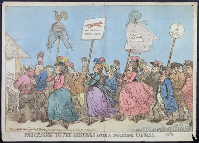 Procession to the Hustings after a Successful Canvass, utgitt av G. Humphrey i 1784 (håndfarget etsning) av James Gillray