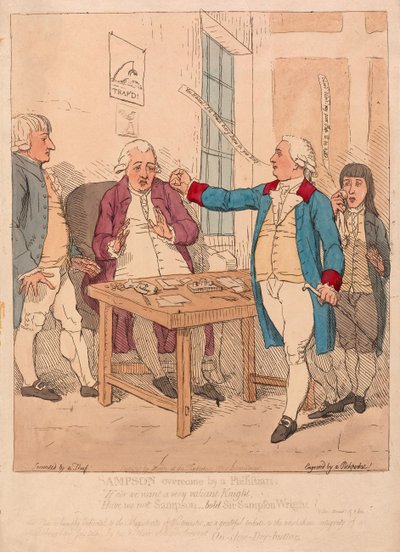 Sampson overvunnet av en filistner, pub. 1782 (håndfarget gravering) av James Gillray