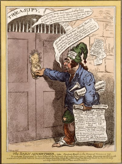 Satirisk tegneserie i Daily Advertiser angående Dundas tale i Underhuset, 1797 av James Gillray