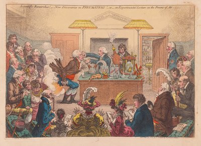 Vitenskapelige undersøkelser! Nye funn i Pneumaticks! Eller en eksperimentell forelesning om Powers osf Air, pub. 1802 (håndfarget gravering) av James Gillray