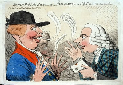 Scotch Harry's News, eller Nincupoop in high Glee, utgitt av J. Aitken i 1792 (håndfarget etsning) av James Gillray