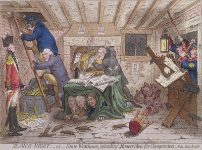 Search Night, or The State Watchmen Mistaking Honest-men for Conspirators, utgitt av Hannah Humphrey i 1798 (håndfarget etsning) av James Gillray