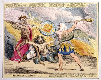 Sin, Death, and the Devil, utgitt av Hannah Humphrey i 1792 (håndfarget etsning) av James Gillray