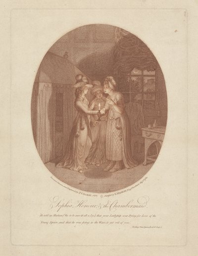 Sophia, Honour, and the Chambermaid, scene fra Tom Jones av Henry Fielding (1707-54) (stippgravering) av James Gillray