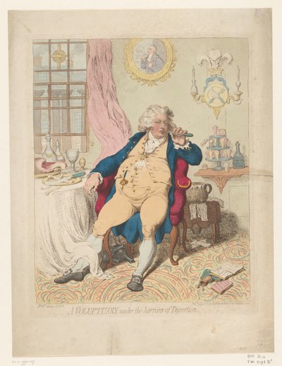 Spotprent på George IV, 1792 En voluptuary under fordøyelsens redsler (tittel på objekt) av James Gillray