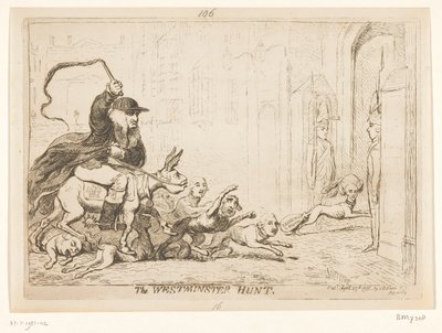 Tegneserie om Warren Hastings, 1788 The Westminster Hunt (tittel på objekt) av James Gillray