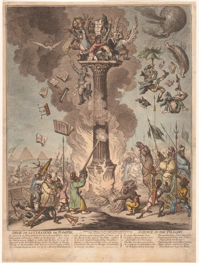 Tegneserie av den franske ekspedisjonen til Egypt, 1799 Siege de la Colonne de Pompee / Science in the pillory (tittel på objekt) av James Gillray