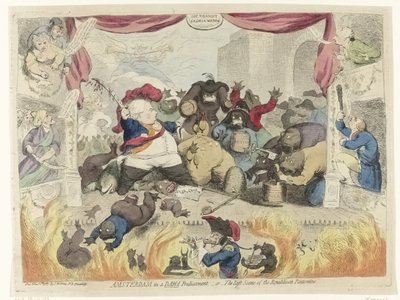 Tegneserie av panikken blant patriotene etter utvinningen av stadholder William V, 1787 Amsterdam i en vanskelig situasjon, - eller - The Last Scene of the Republican Pantomime (tittel på objekt) av James Gillray