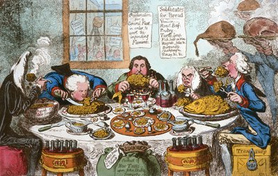 Erstatninger for brød, eller høyt ærede som redder brødene og deler fiskene, utgitt av Hannah Humphrey i 1795 (håndkolorert etsning) av James Gillray