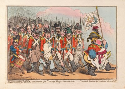 Supplementary Militia, dukker opp for Twenty Days Amusement, pub. 1796 (håndfarget gravering) av James Gillray