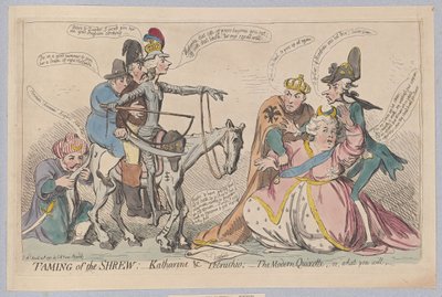 Taming of the Shrew: Katherine og Petruchio; The Modern Quixote, eller hva du vil, pub. 1791 (håndfarget gravering) av James Gillray