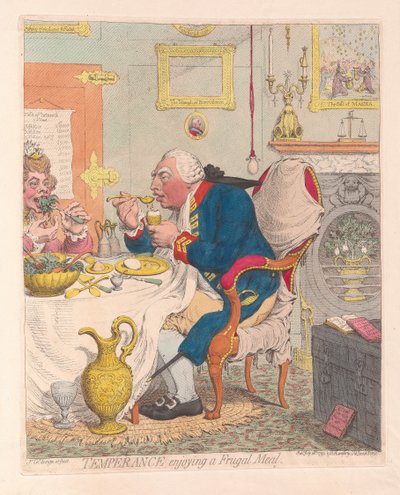 Temperance nyter et sparsomt måltid, pub. 1792 (håndfarget gravering) av James Gillray
