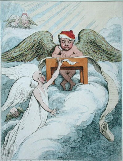 The Accusing Spirit and the Recording Angel, utgitt av Hannah Humphrey i 1791 (håndfarget etsning) av James Gillray