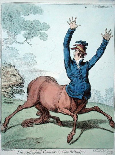 The Frighted Centaur and the Lion Britanique, utgitt av Hannah Humphrey i 1799 (håndfarget etsning) av James Gillray