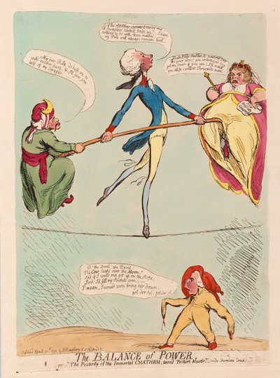 The Balance of Power eller The Posterity of the Immortal Chatham, blir Posture Master, pub. 1791 (håndfarget gravering) av James Gillray