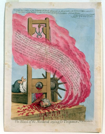 «De myrdes blod som roper om hevn», henrettelsen av Ludvig XVI (1754–93) med giljotin, utgitt av Hannah Humphrey av James Gillray