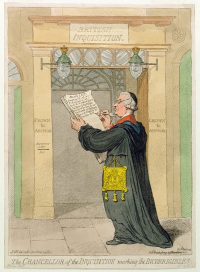 Inkvisisjonens kansler som markerer de uforbederlige, utgitt av Hannah Humphrey i 1793 (håndfarget etsning) av James Gillray