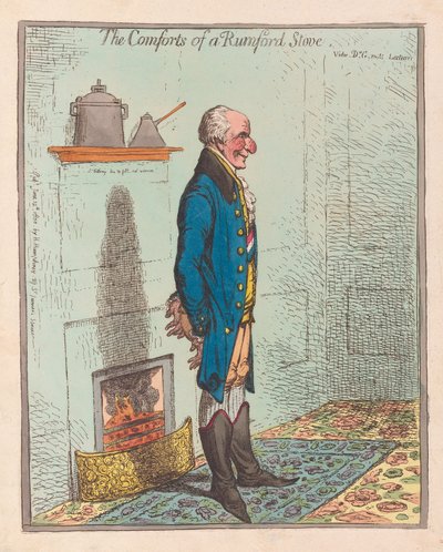 The Comforts of a Rumford Stove, pub 1800 (håndfarget gravering) av James Gillray