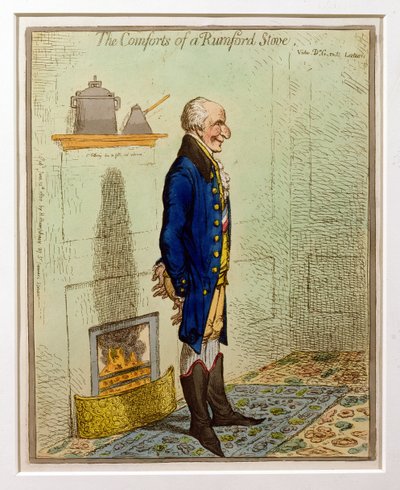 The Comforts of a Rumford Stove, pub. av Hannah Humphrey, 1800 (etsing og wc) av James Gillray