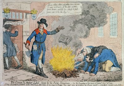The Crown und Anchor Libel brent av Public Hangman, utgitt av Hannah Humphrey i 1795 (håndfarget etsning) av James Gillray