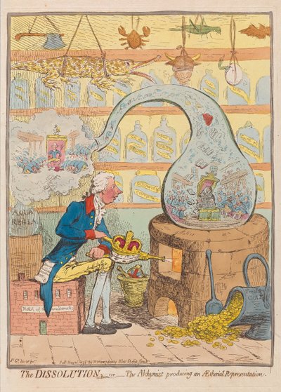 The Dissolution or The Alchymist produserer en Aetherial Representation, pub. 1796 (håndfarget gravering) av James Gillray