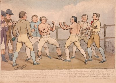 Den berømte kampen mellom Richard Humphreys og Daniel Mendoza, 9. januar 1788, pub. 1788 (håndfarget gravering) av James Gillray