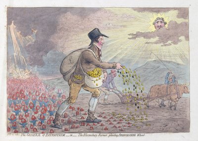 The Generae of Patriotism, eller The Bloomsbury Farmer som planter Bedfordshire Wheat, pub. 1796 (håndfarget gravering) av James Gillray