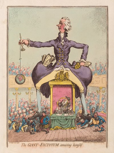 The Giant Factotum underholdende seg selv, pub. 1797 (håndfarget gravering) av James Gillray
