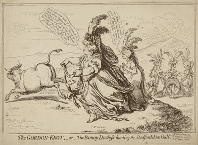 The Gordon Knot eller The Bonny-Duchess Hunting the Bedfordshire Bull, publisert 29. april 1797 (radering på vevd papir) av James Gillray