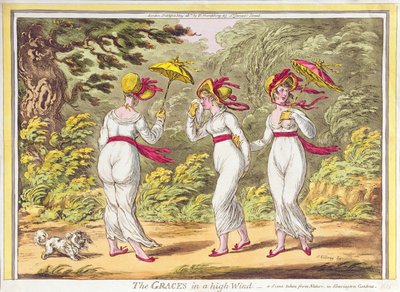 The Graces in a High Wind, en scene hentet fra Nature in Kensington Gardens, pub. av Hannah Humphrey, 1810 av James Gillray