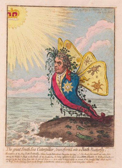 The Great South Sea Caterpillar, forvandlet til en Bath Butterfly, pub. 1792 (håndfarget gravering) av James Gillray