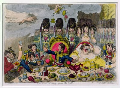 The Hand-Writing upon the Wall, utgitt av Hannah Humphrey i 1803 (håndfarget etsning) av James Gillray