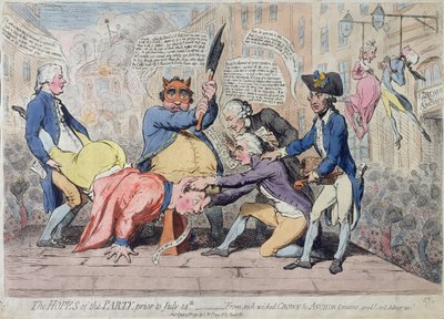 Partiets håp, før 14. juli - «Fra slike onde krone- og ankerdrømmer, frels oss, gode Herre», utgitt av SW Fores i 1791 (håndkolorert etsning) av James Gillray
