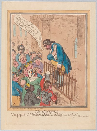Hustingene. Vox Populi Vel ha et krus! En kopp! Et krus!, pub. 1796 (håndfarget gravering) av James Gillray
