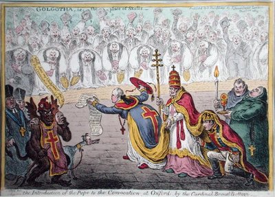 The Introduction of the Pope to the Convocation at Oxford av kardinal Broad-Bottom, utgitt av Hannah Humphrey i 1809 (håndfarget etsning) av James Gillray