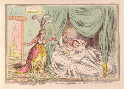 The Jersey Smuggler oppdaget, eller god grunn til separasjon, ekteskapsløfter er falske som Dicers eder, pub. 1796 (håndfarget gravering) av James Gillray